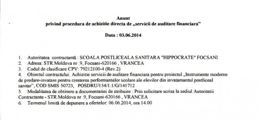 Anunț privind procedura de achiziție directă de ”servicii de auditare financiară ”