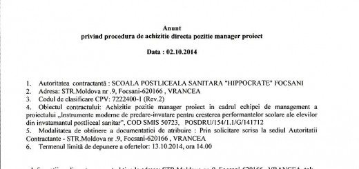 Anunț privind procedura de achiziție directă poziție manager proiect